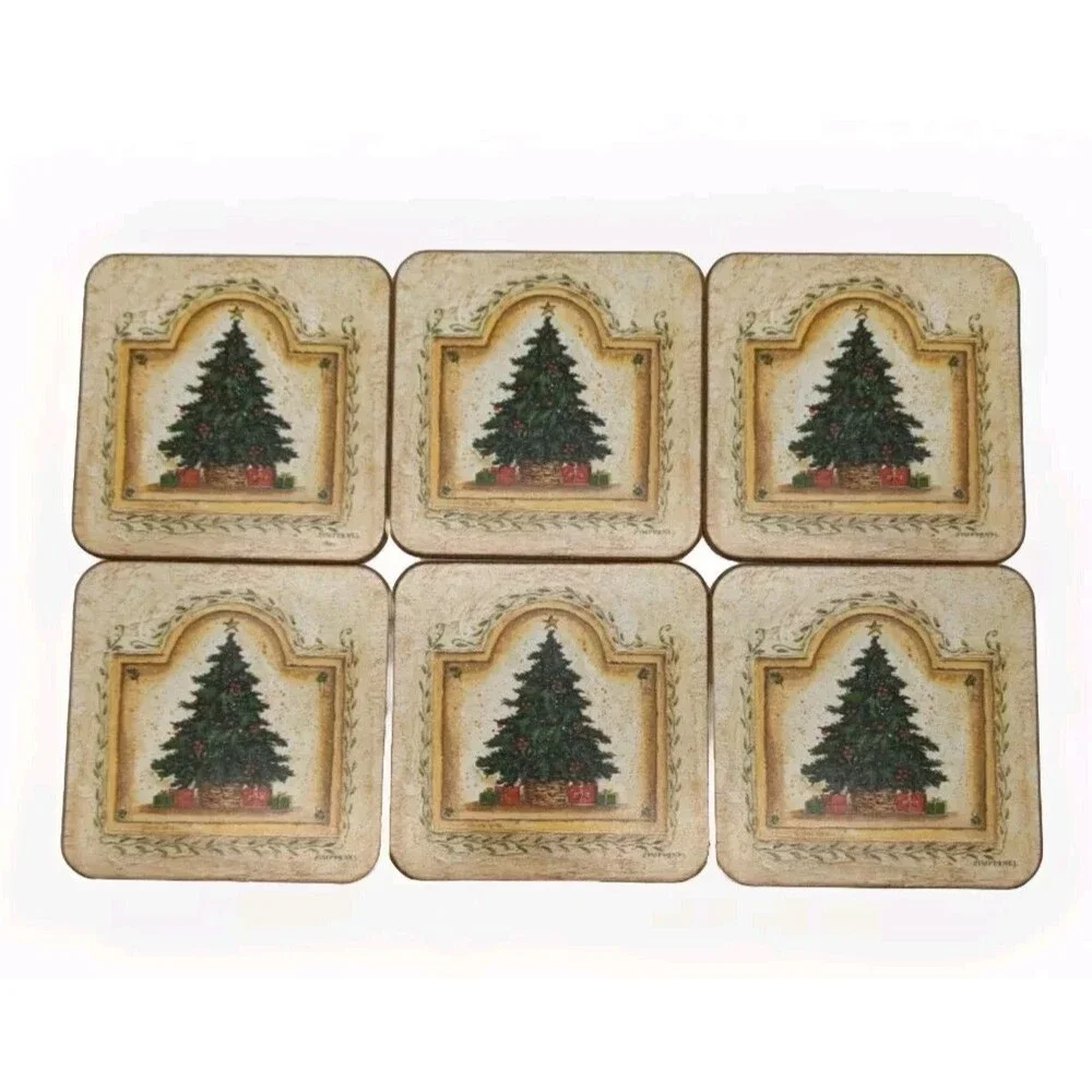 Set Of 6 Pimpernel Cork Coasters Christmas Tree Kathryn White Square